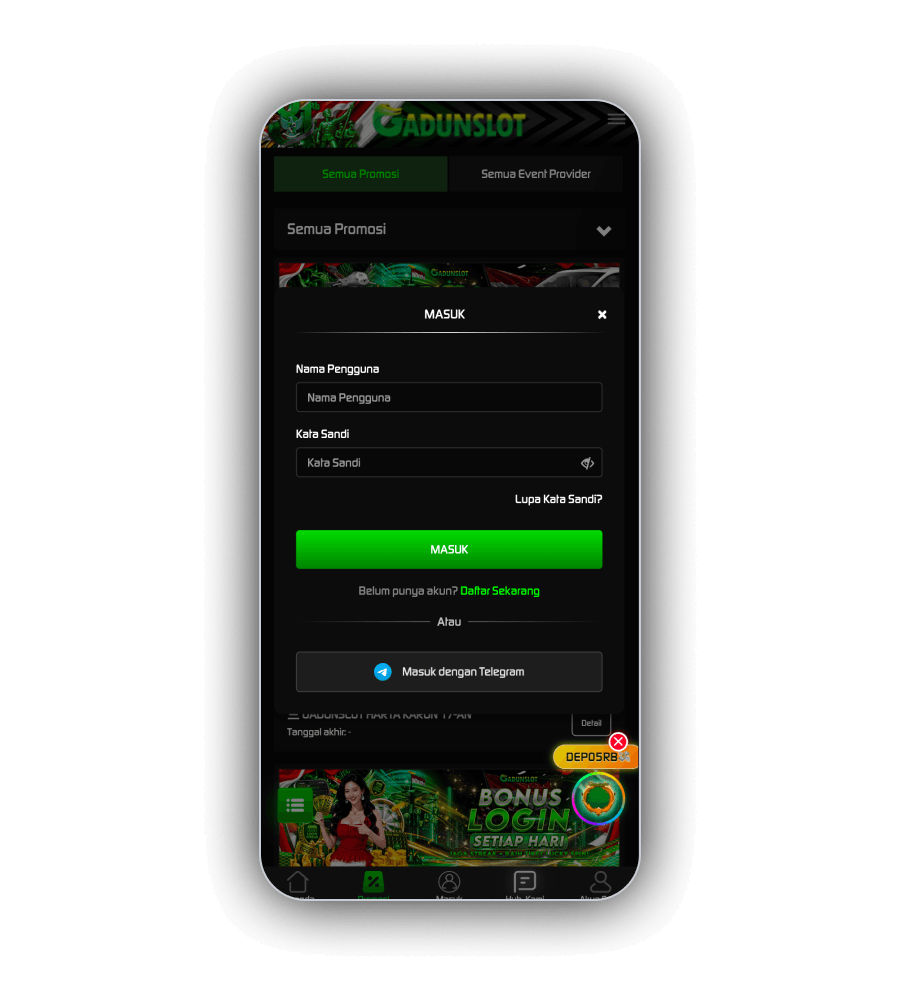 Layar login akun GadunSlot